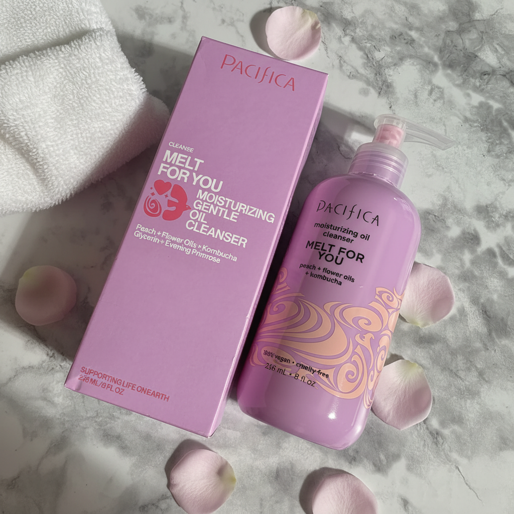 Pacifica Melt For You Oil Cleanser lifestyle flat lay with pink retail box on marble surface with rose petals and white towel
