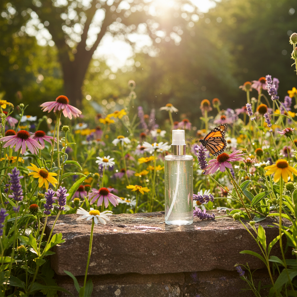 Lifestyle image - clear body mist bottle on stone ledge surrounded by blooming wildflowers and butterfly in summer garden, editorial for visual context only