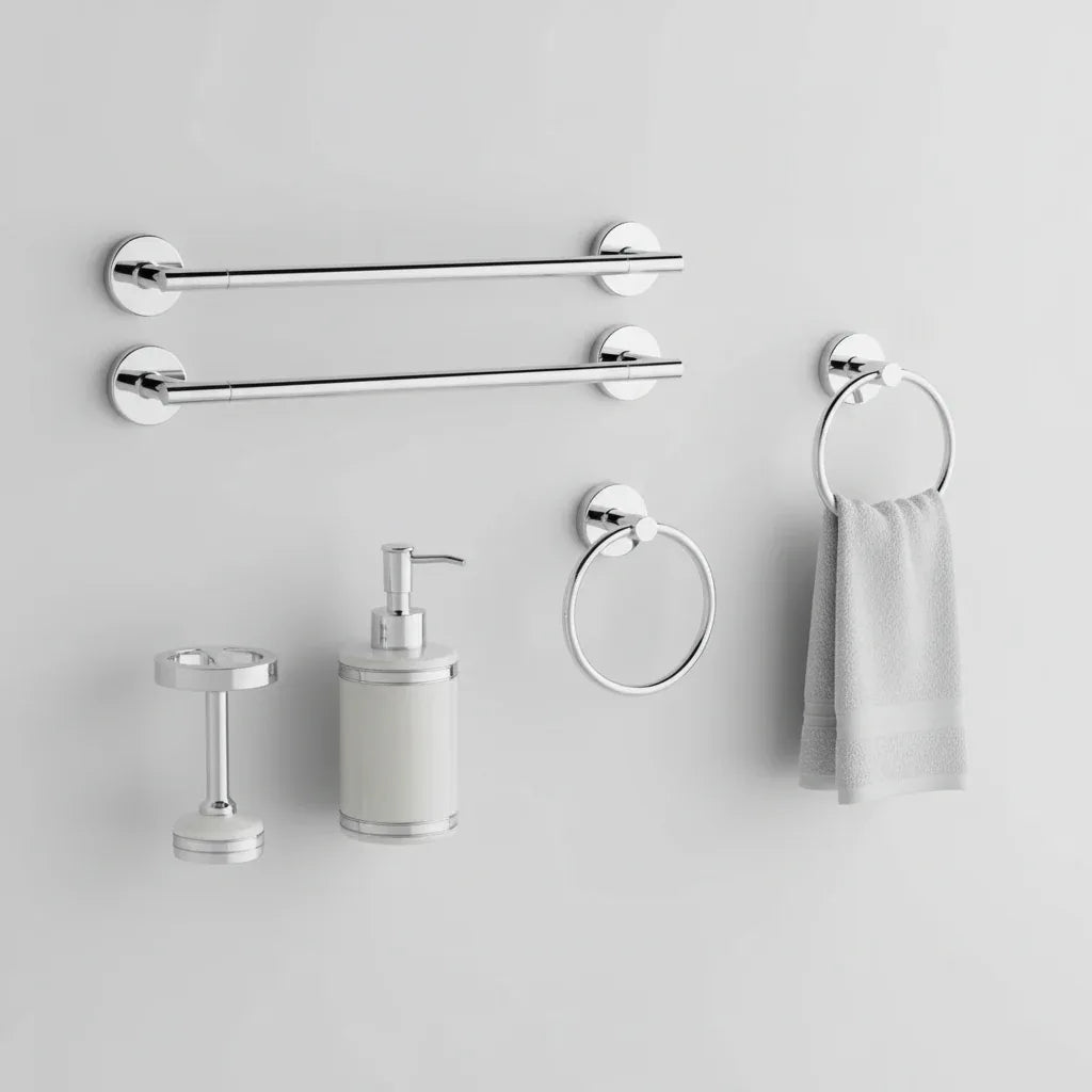 Professional staging of residential washroom accessories and polished chrome metallic hardware