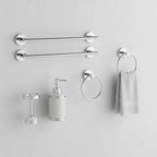 Professional staging of residential washroom accessories and polished chrome metallic hardware