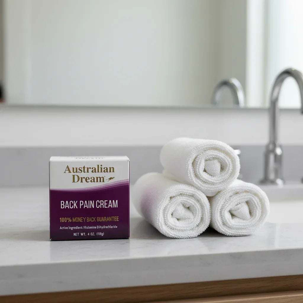 Australian Dream Back Pain Cream 4 oz on gray slate bathroom vanity with rolled cotton towels