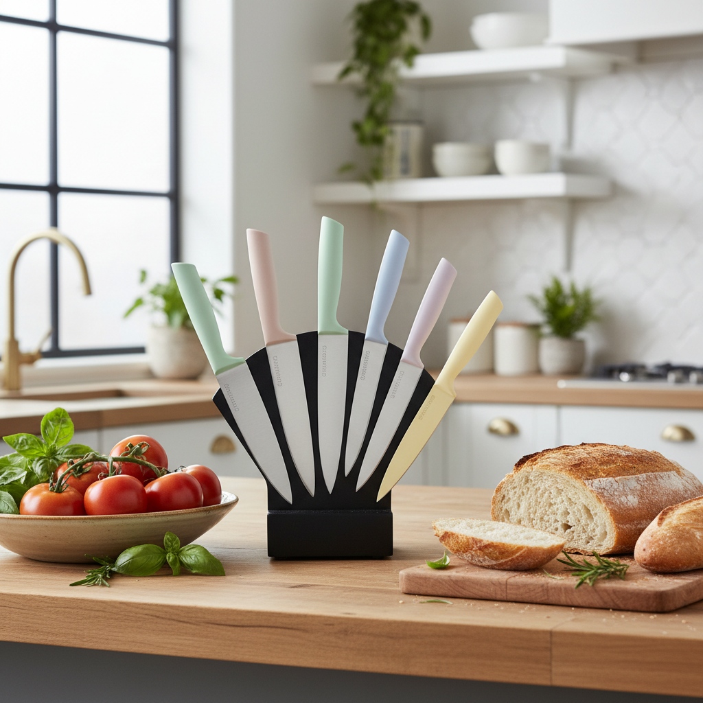Stylish modern kitchen with colorful pastel knives beside fresh produce and artisan bread
