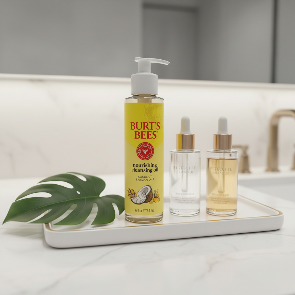 Burt's Bees Nourishing Cleansing Oil on modern cosmetic vanity tray with glass skincare serum droppers and botanical leaf
