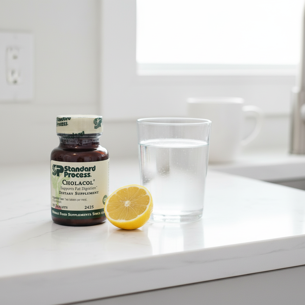 Standard Process Cholacol supplement on white quartz kitchen counter with glass of water and lemon wedge for morning meal routine