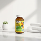 Prenatal vitamin amber glass bottle in bright minimalist bathroom with white marble aesthetic – More4less Outlet