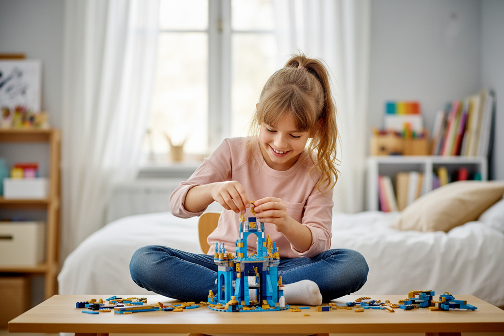 Young girl carefully assembling a blue and gold LEGO building set at a desk with excitement