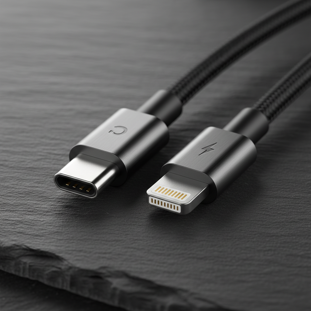 Close-up of USB-C and Lightning connector ends of Case Logic black cable — More4less Outlet