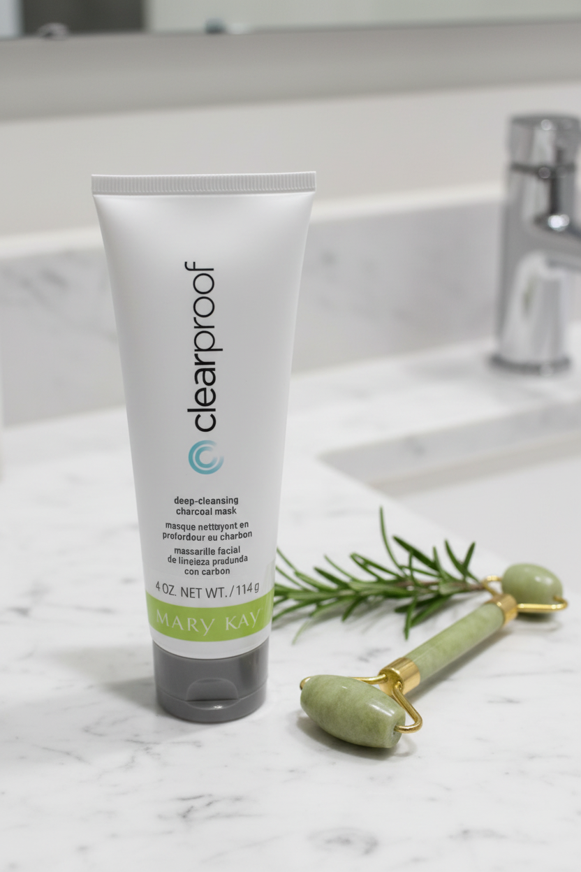 Mary Kay Clear Proof charcoal mask tube on marble bathroom counter with jade roller and rosemary — deep-cleansing activated charcoal face mask
