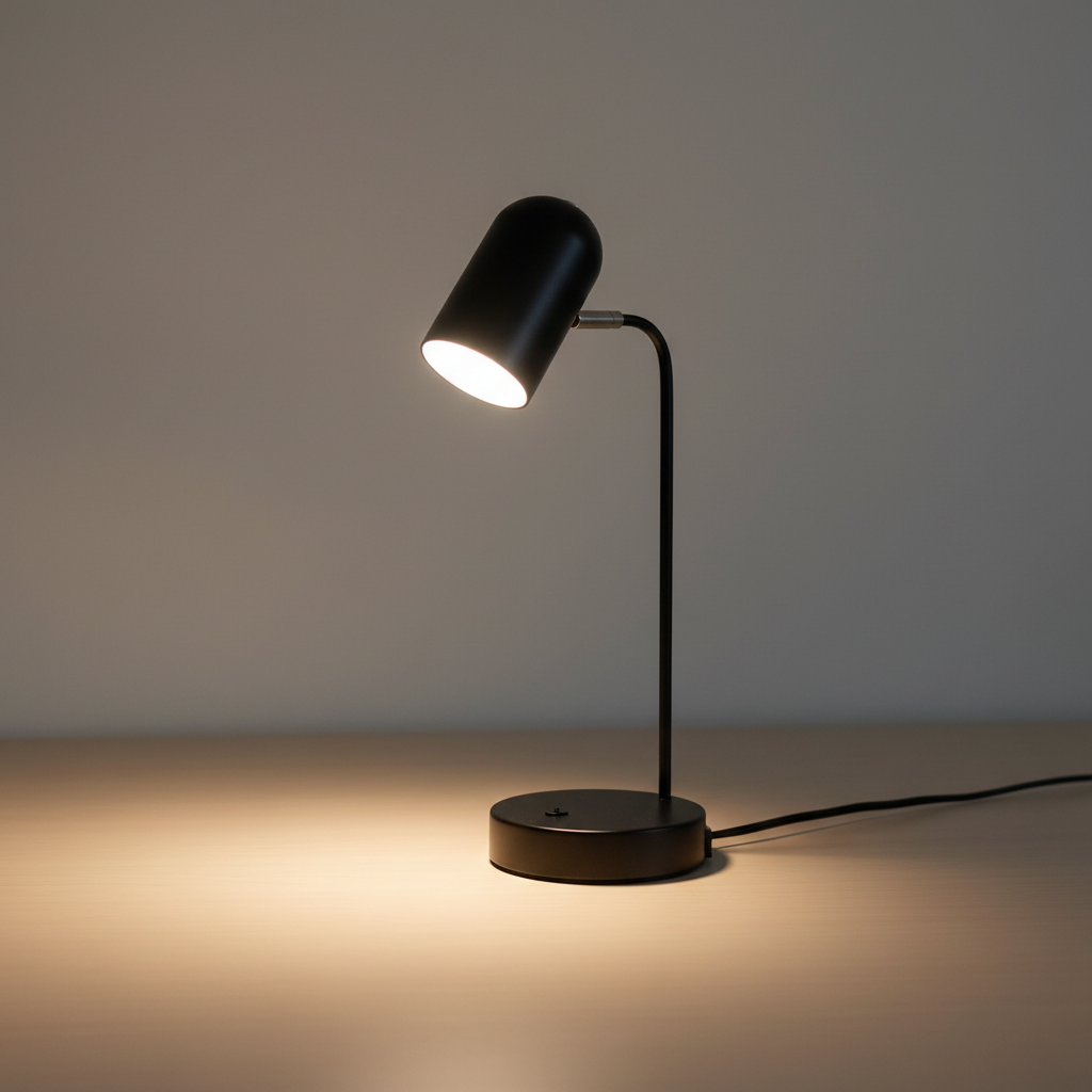 Black 16-inch LED desk lamp switched on with a warm-white glow