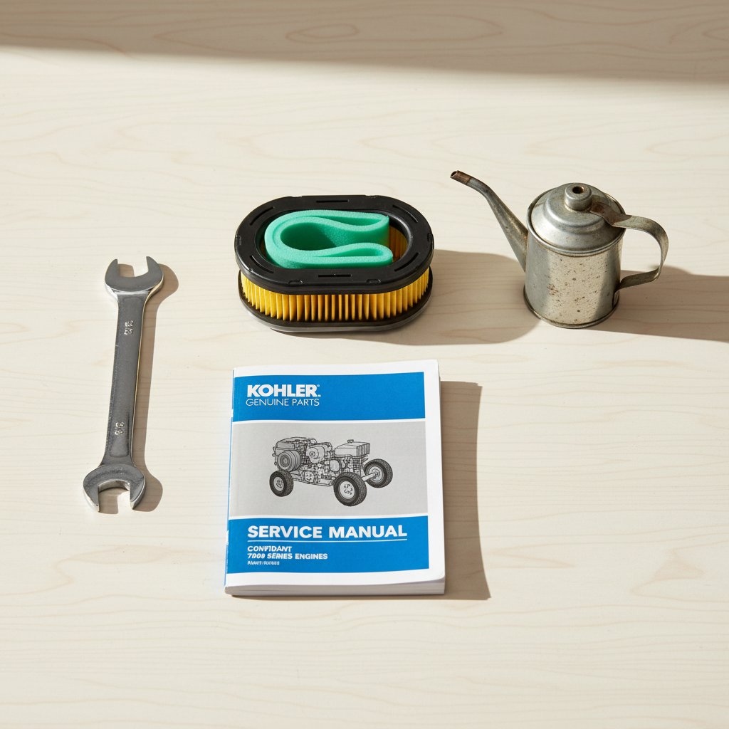 Flat lay of Kohler Genuine Parts Air Filter kit with wrench oil can and engine manual on garage workbench