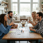 Two couples sitting across from each other at a dining table with a party game spread out between them, smiling and engaged