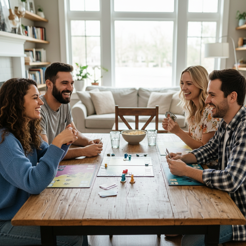Two couples sitting across from each other at a dining table with a party game spread out between them, smiling and engaged