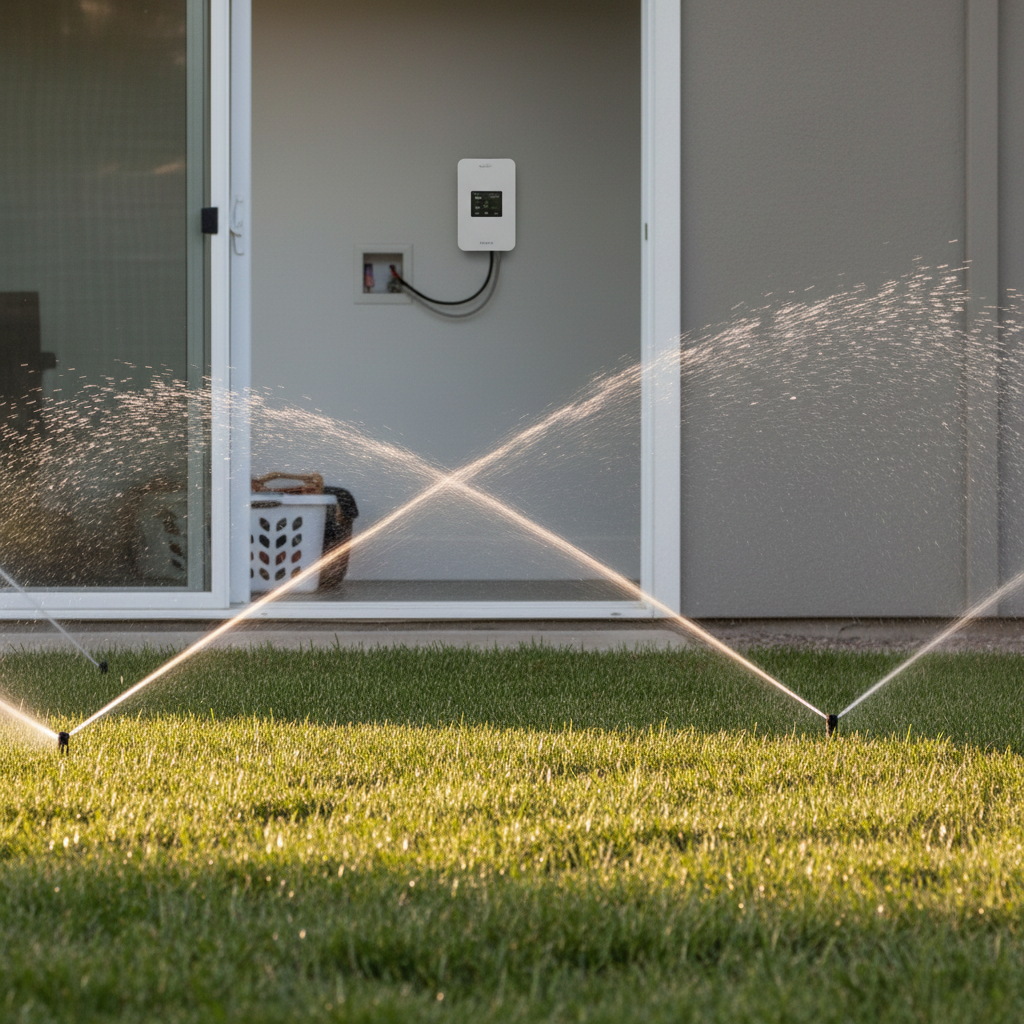 AI-generated lifestyle image showing a Moen WICNT008G1USA smart sprinkler controller indoors with a residential lawn being irrigated outside.