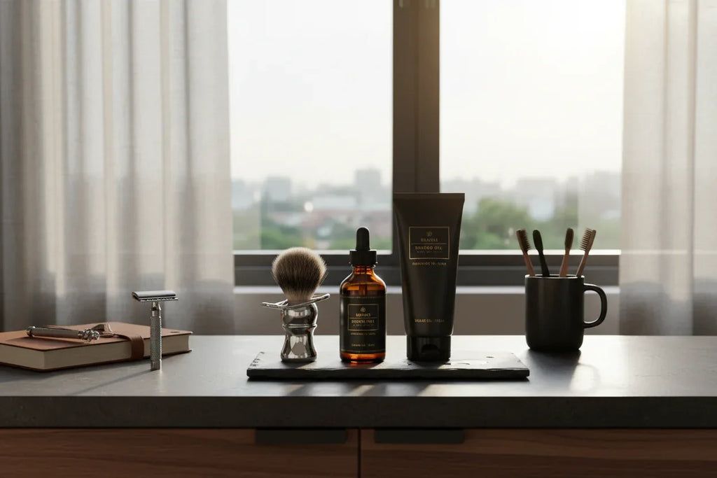 Organized modern men's vanity with natural sunlight illuminating Duke Cannon beard oil bottle and wash tube