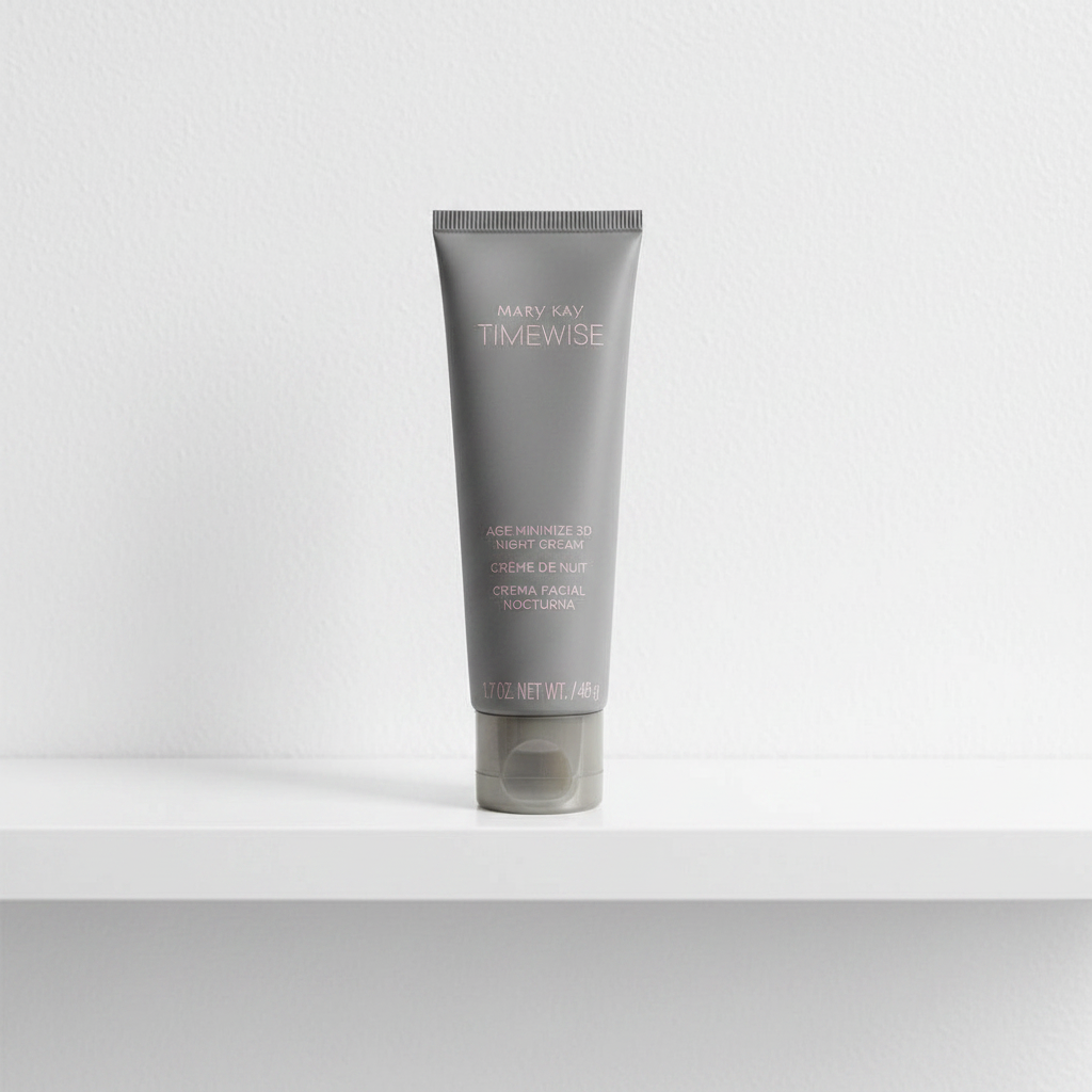 Lifestyle context image of Mary Kay TimeWise Age Minimize 3D Night Cream Combo/Oily (AI-generated for visual illustration only) – white bathroom shelf diffused light – More4less Outlet