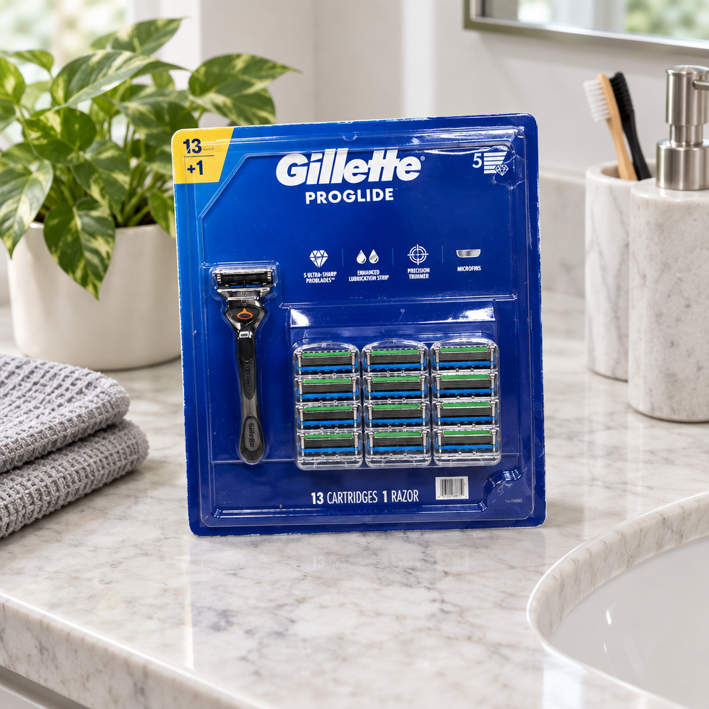 Gillette ProGlide razor value pack on a bathroom marble countertop