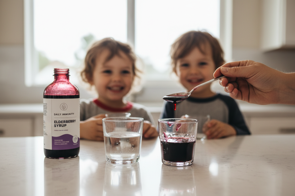 Parent measuring out a spoonful of dark purple elderberry syrup next to a glass of water on a bright kitchen counter
