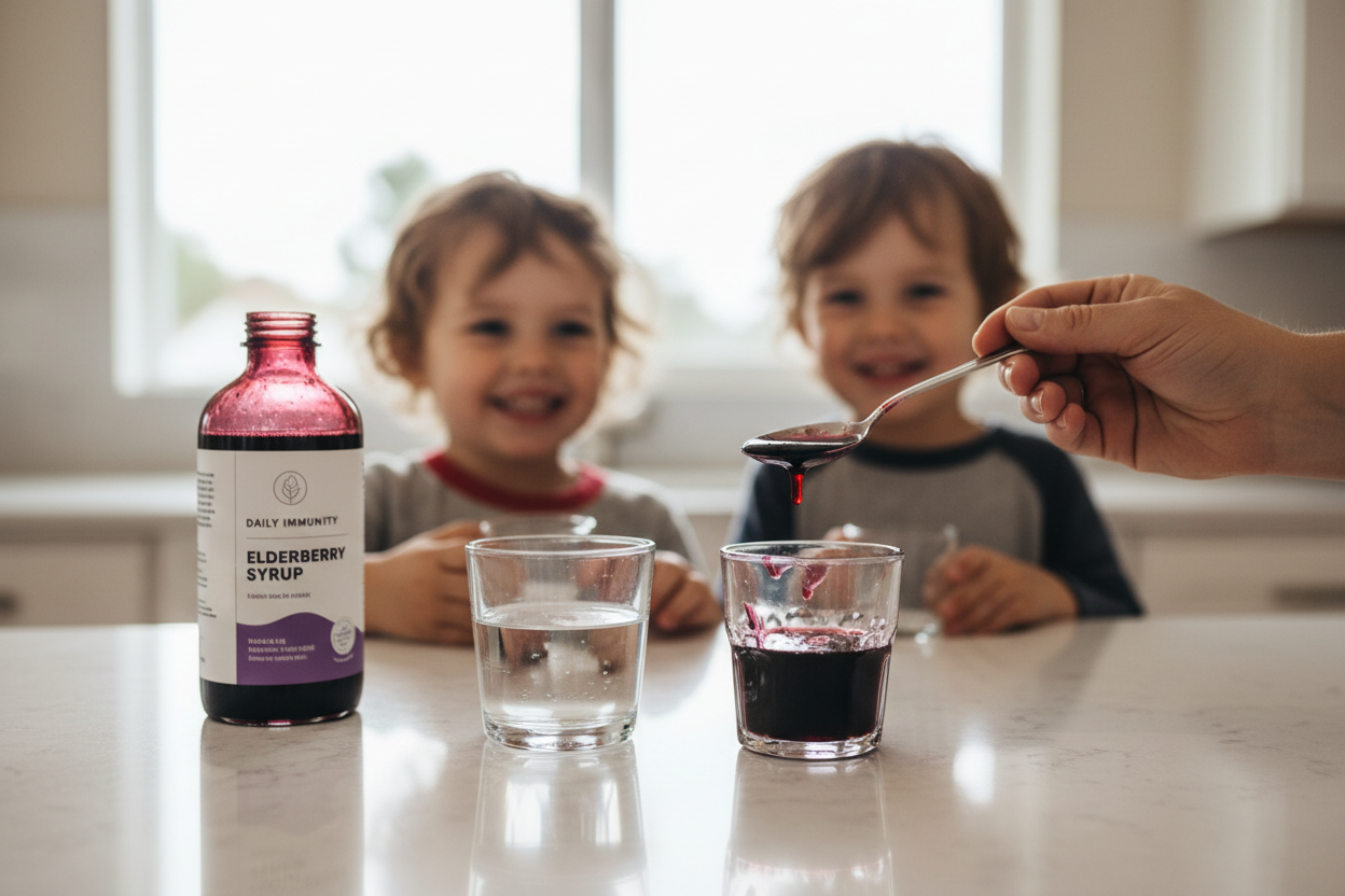 Parent measuring out a spoonful of dark purple elderberry syrup next to a glass of water on a bright kitchen counter