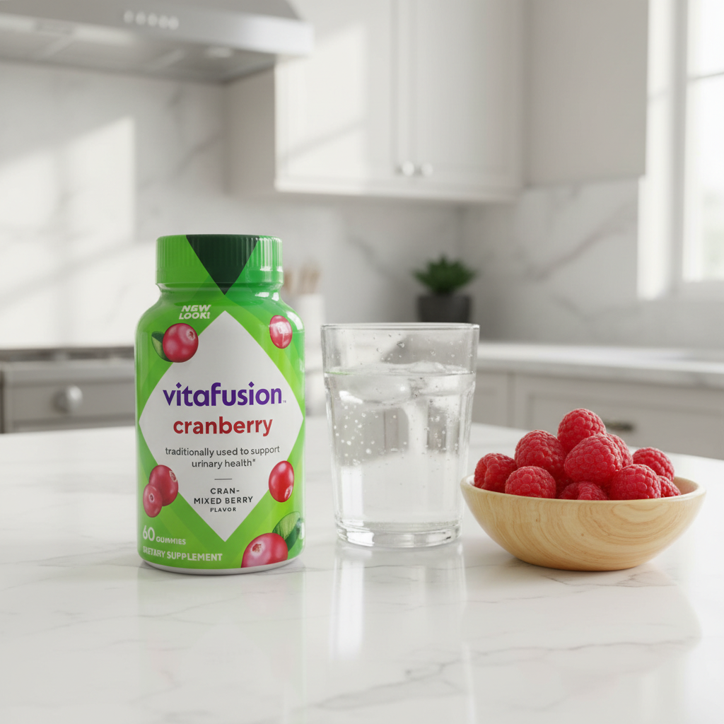 Vitafusion Cranberry Gummies bottle on white quartz kitchen breakfast island with glass of water and wooden bowl of fresh raspberries