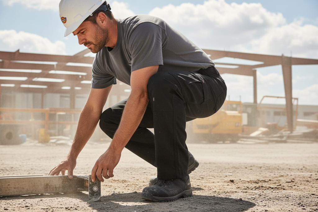 Dickies Flex Cargo Pant black 40x32 worn by man in active crouching pose demonstrating flex fabric movement – More4less Outlet