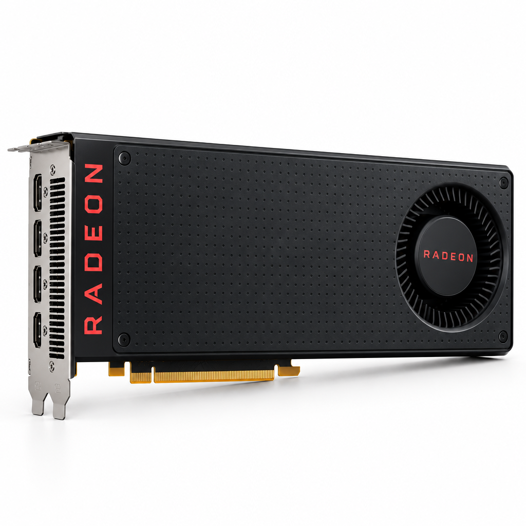 AI-styled AMD Radeon RX 480 graphics card, angled view on a white background