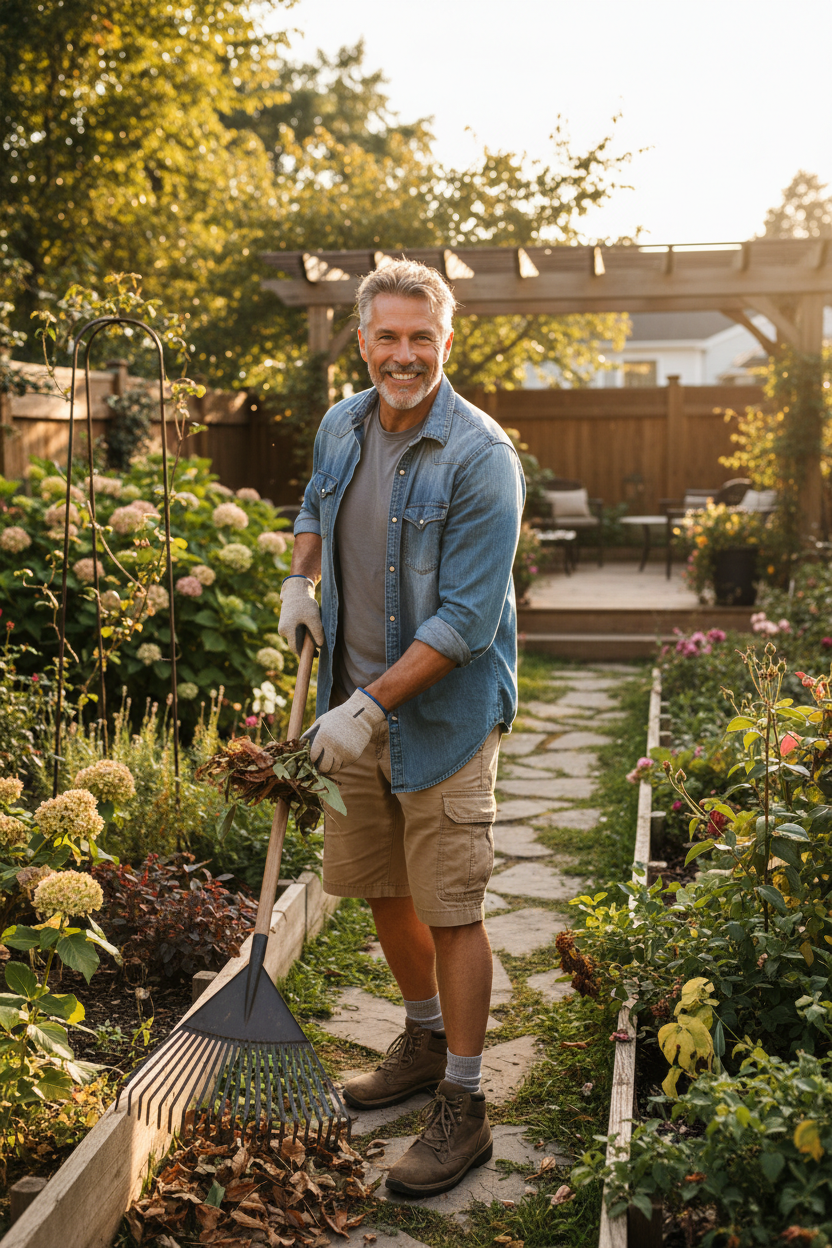 Fit man in his 50s doing yard work in sunny backyard garden smiling healthy lifestyle photo