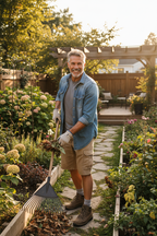 Fit man in his 50s doing yard work in sunny backyard garden smiling healthy lifestyle photo
