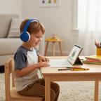 Young boy age 3 to 5 wearing blue over-ear wired headphones at kids desk doing online lesson on tablet at home