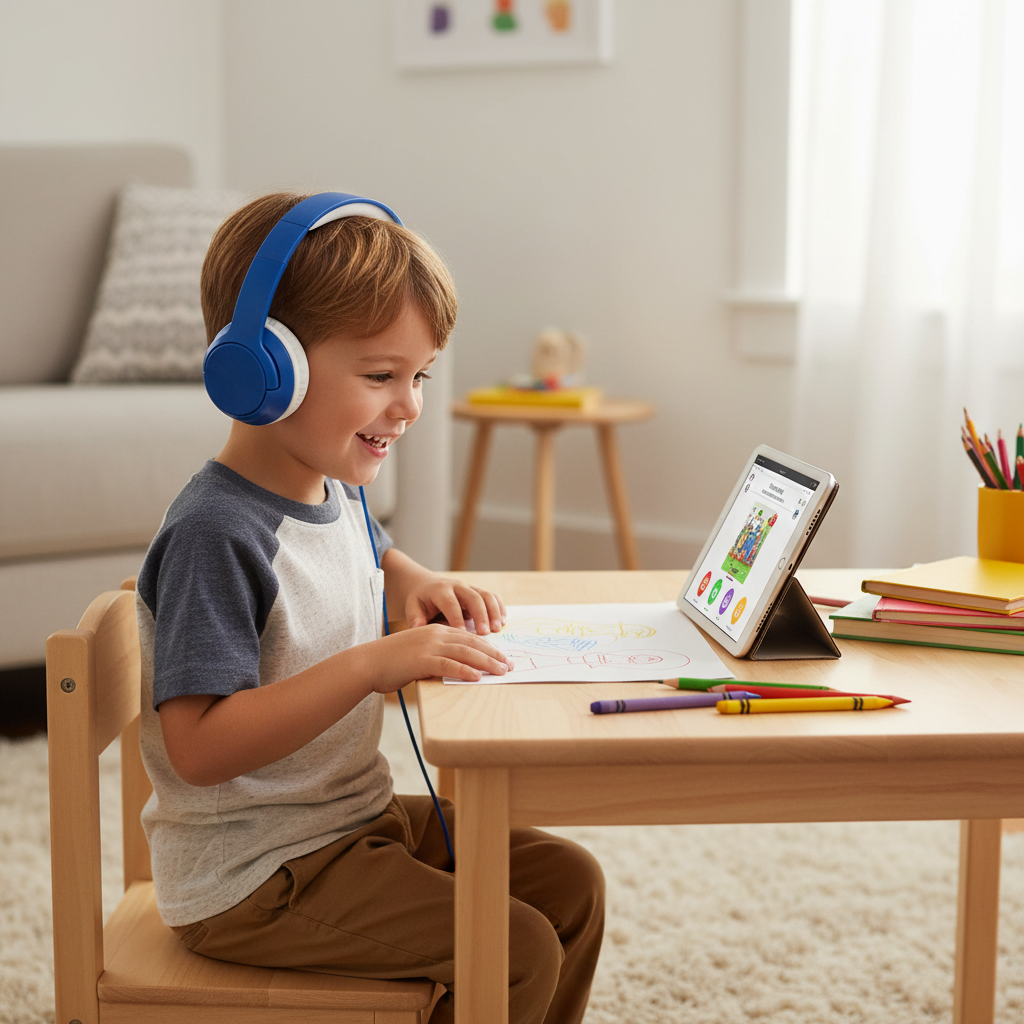 Young boy age 3 to 5 wearing blue over-ear wired headphones at kids desk doing online lesson on tablet at home