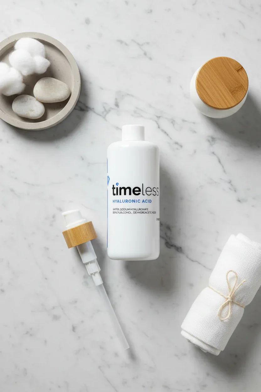 Professional flat-lay with large white format skincare bottle and minimalist bathroom decor accessories on white marble