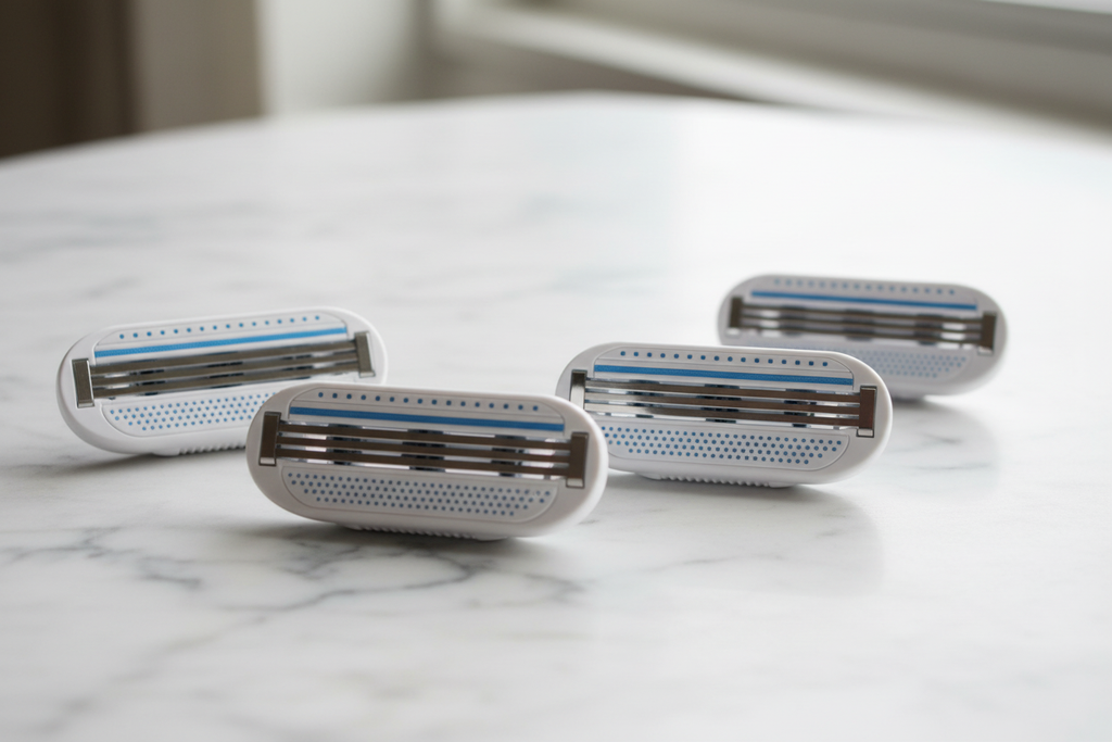 Close-up of Gillette Venus Smooth 3-blade razor cartridges with blue lubricastrip and protective cushions on white stone surface