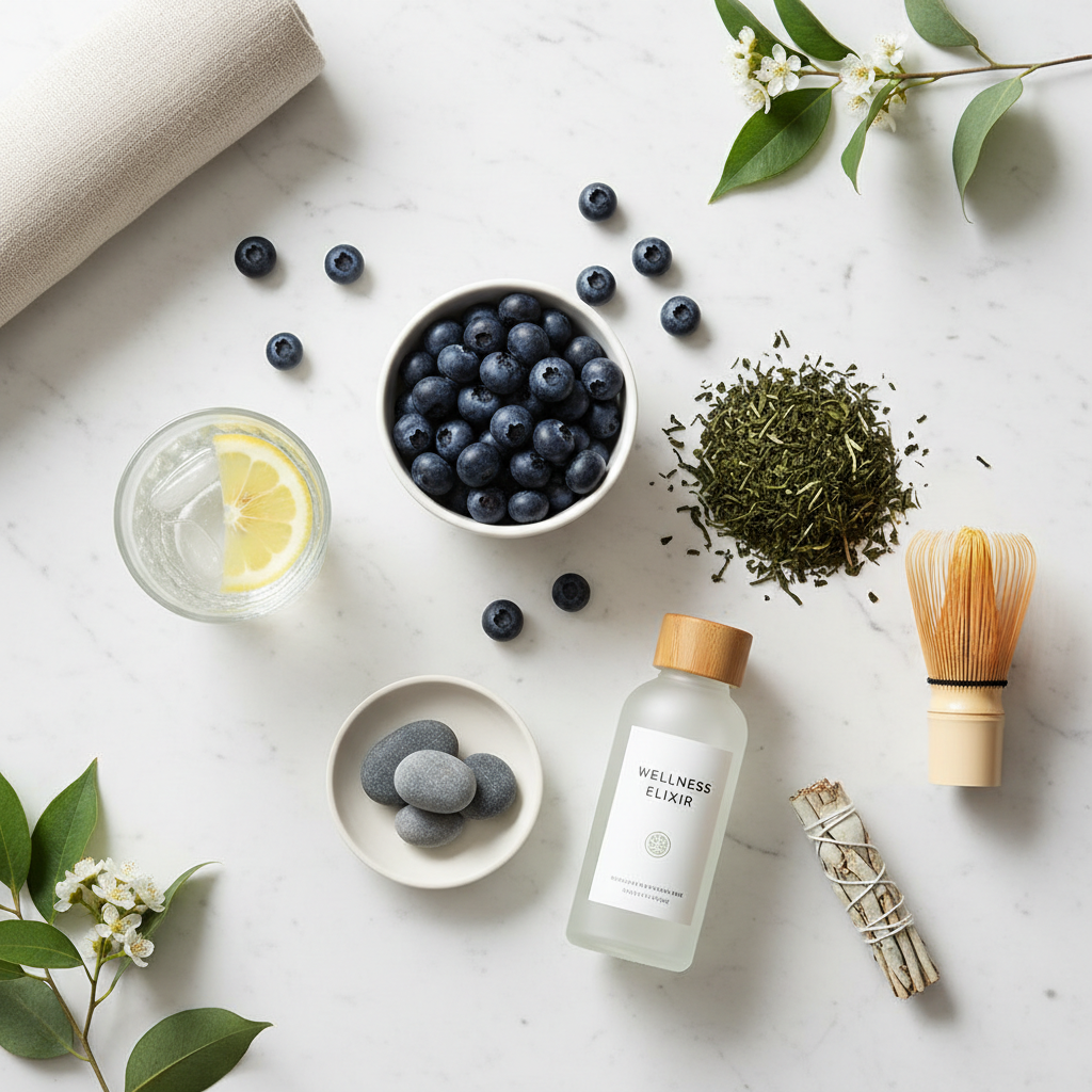 Flat lay of resveratrol supplement with blueberries and green tea on white marble