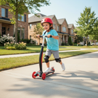 Young child riding black and red kick scooter on sunny suburban sidewalk — Mongoose Force 1.0 Red active lifestyle — More4less Outlet