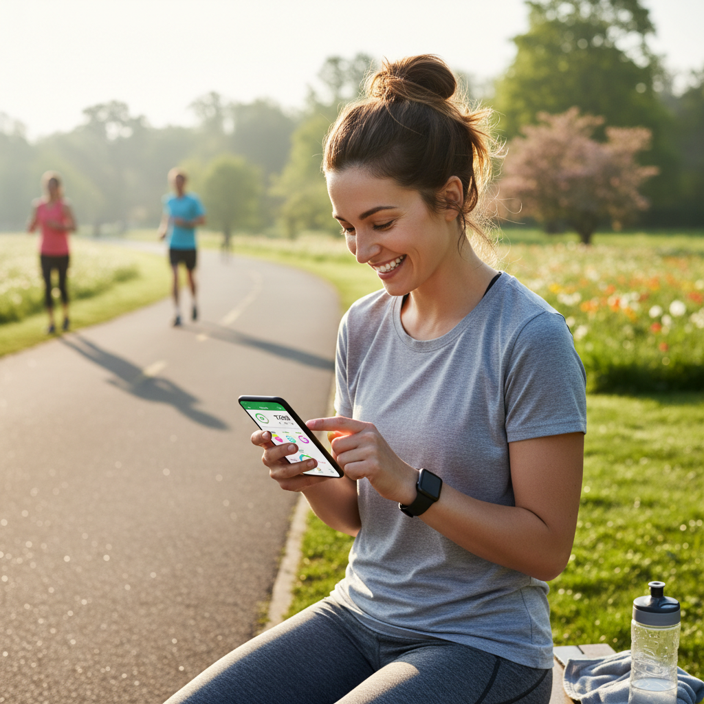 Smiling person checking health app on smartphone after morning workout
