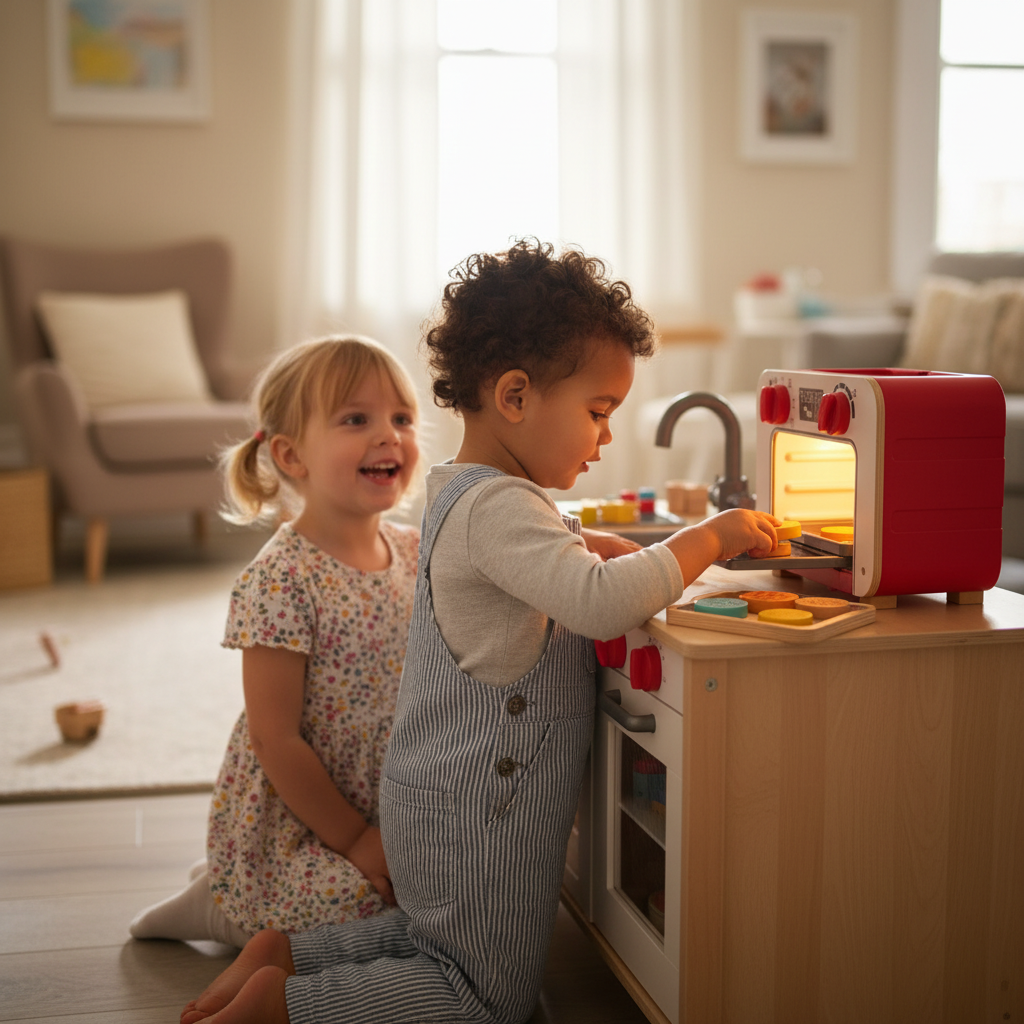 Two young children playing together at wooden play kitchen one sliding cookies into Hape My Baking Oven with glowing interior