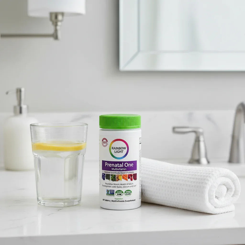 Rainbow Light Prenatal One Multivitamin bottle on white quartz bathroom vanity with glass of lemon water and rolled white waffle hand towel