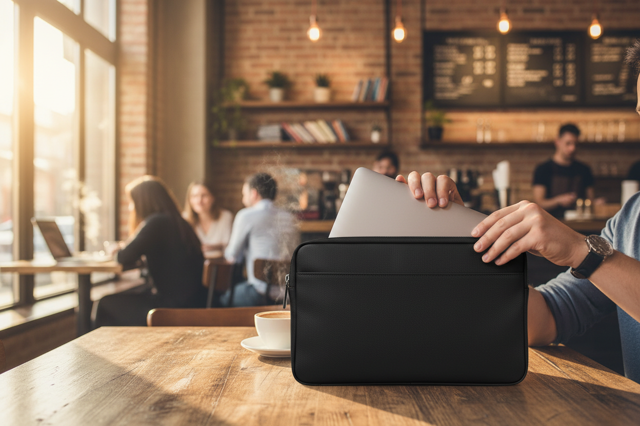 Person removing laptop from black ThinkPad notebook case at coffee shop table