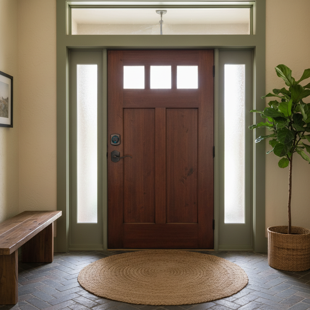 Stylish home entryway highlighting a rich Venetian Bronze smart deadbolt paired with matching door handle hardware on a craftsman front door