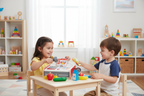 Two children playing grocery store with Hape Beep n Buy Cash Register one as cashier one as customer - More4less Outlet