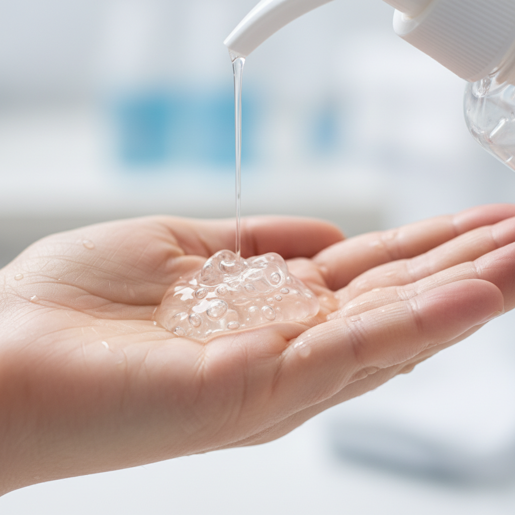 Macro close-up refreshing hand sanitizer gel dispensed on palm moisturizing — More4less Outlet