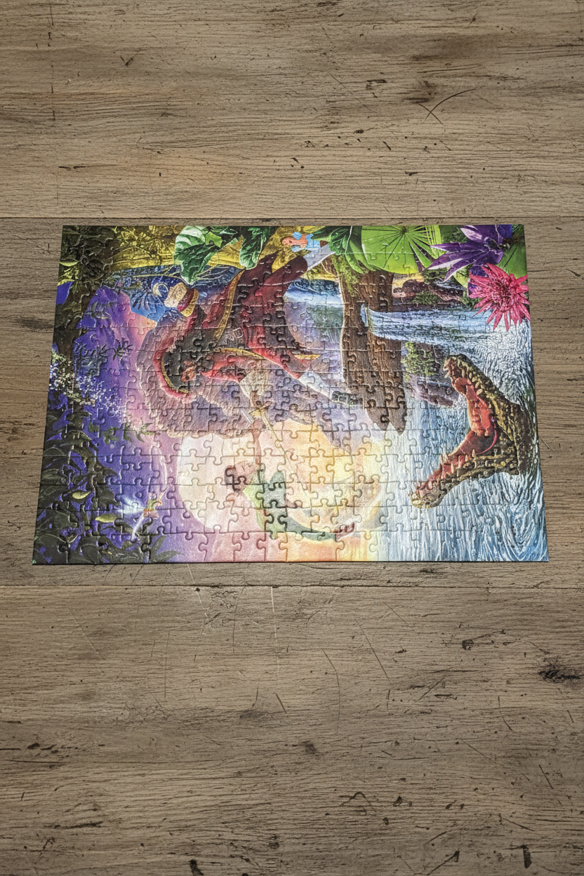 Completed Peter Pan jigsaw puzzle showing Neverland artwork with Captain Hook and crocodile on wooden table — More4less Outlet