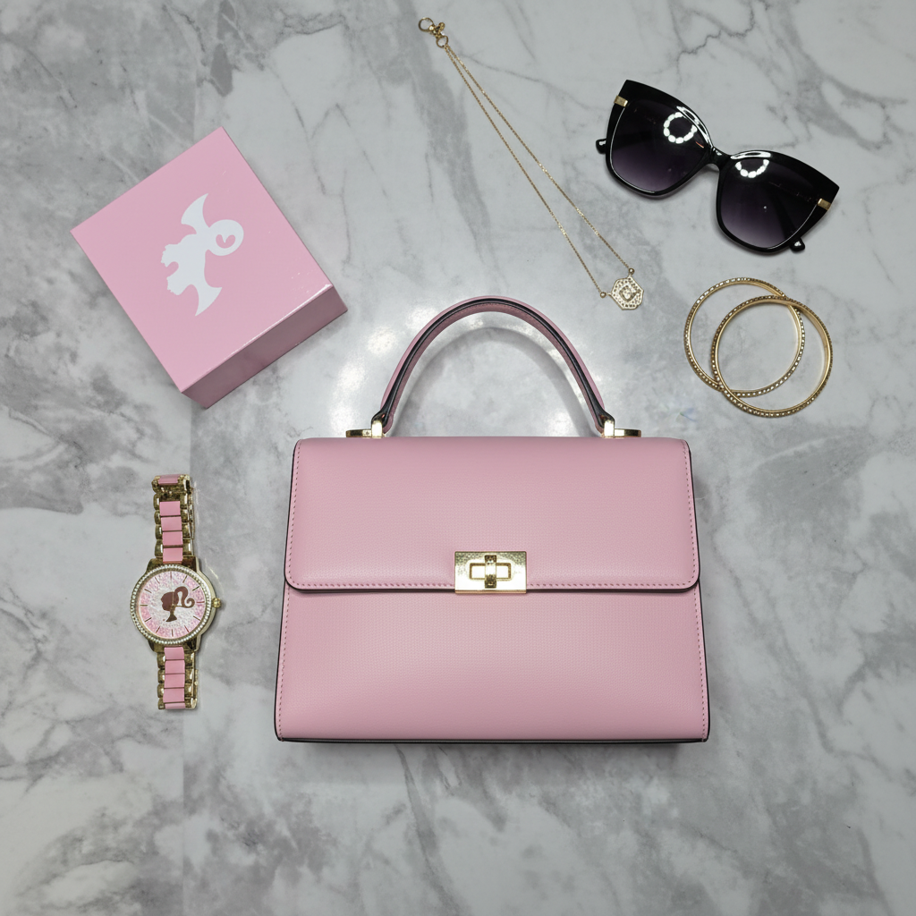 Flat-lay of pink handbag, gold jewelry, sunglasses, and Barbie crystal bezel gold pink link watch on marble