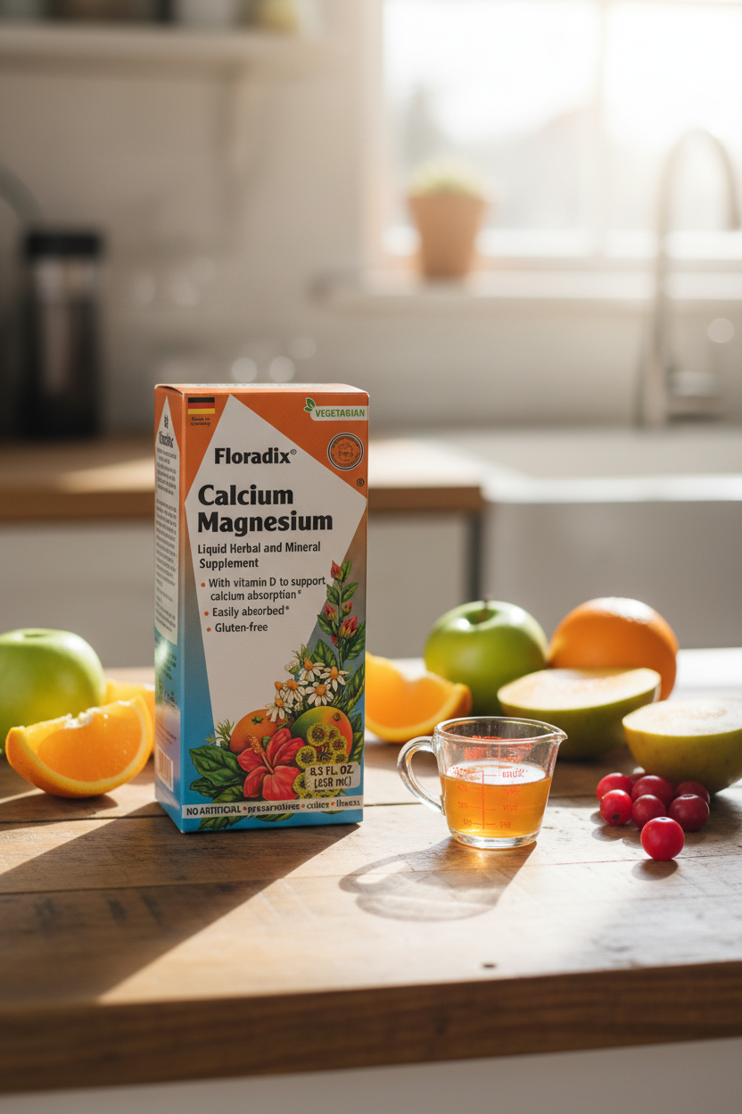 Floradix Calcium Magnesium supplement box on kitchen counter with measuring cup and fresh fruit in morning light