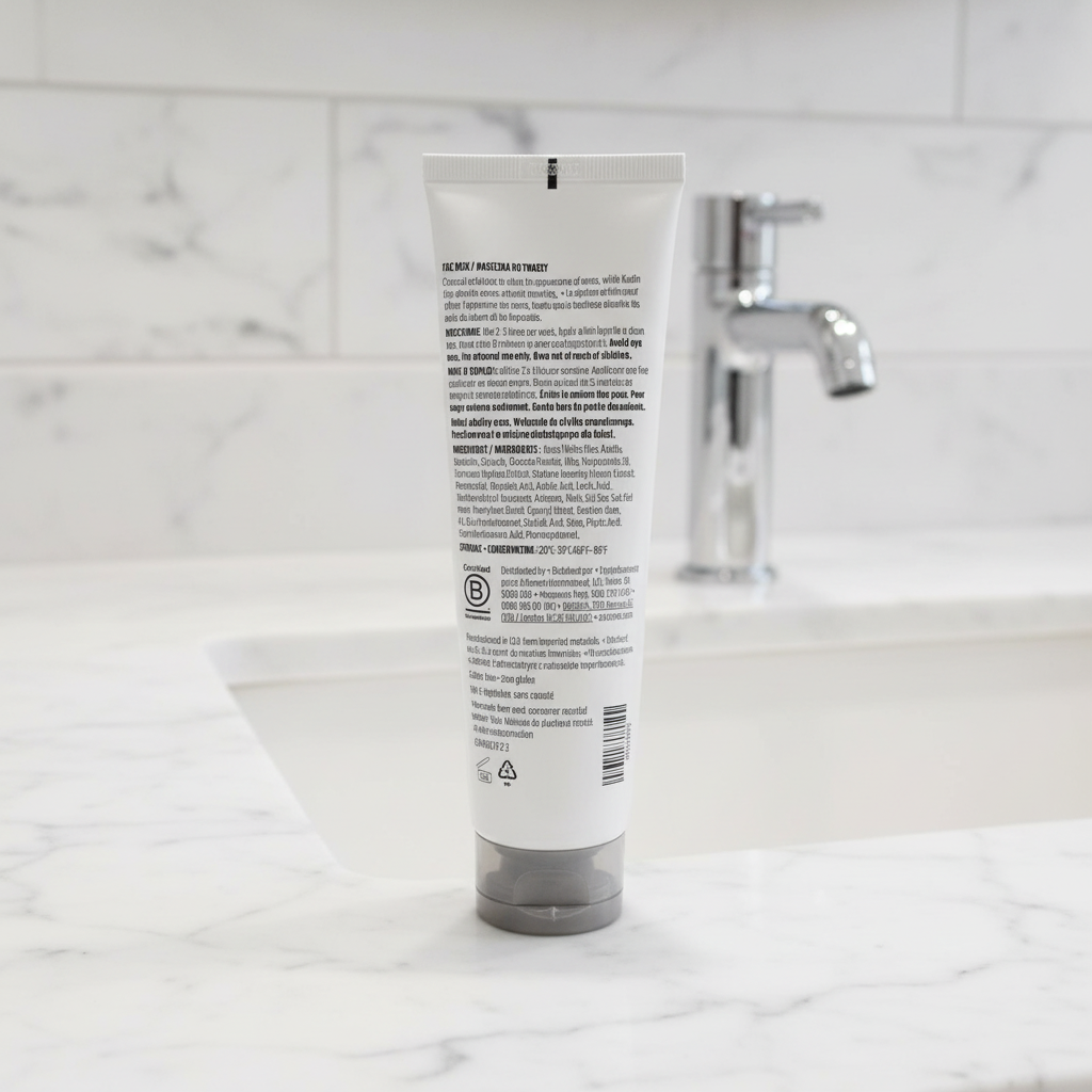 Arbonne Clarifying Detox Mask with Exfoliating Charcoal 5 oz on a marble bathroom counter near a sink