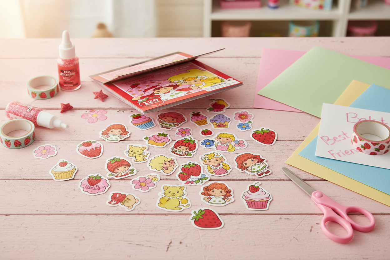 Strawberry Shortcake scratch and sniff sticker pad on pink craft table with scrapbooking supplies and classic retro character stickers