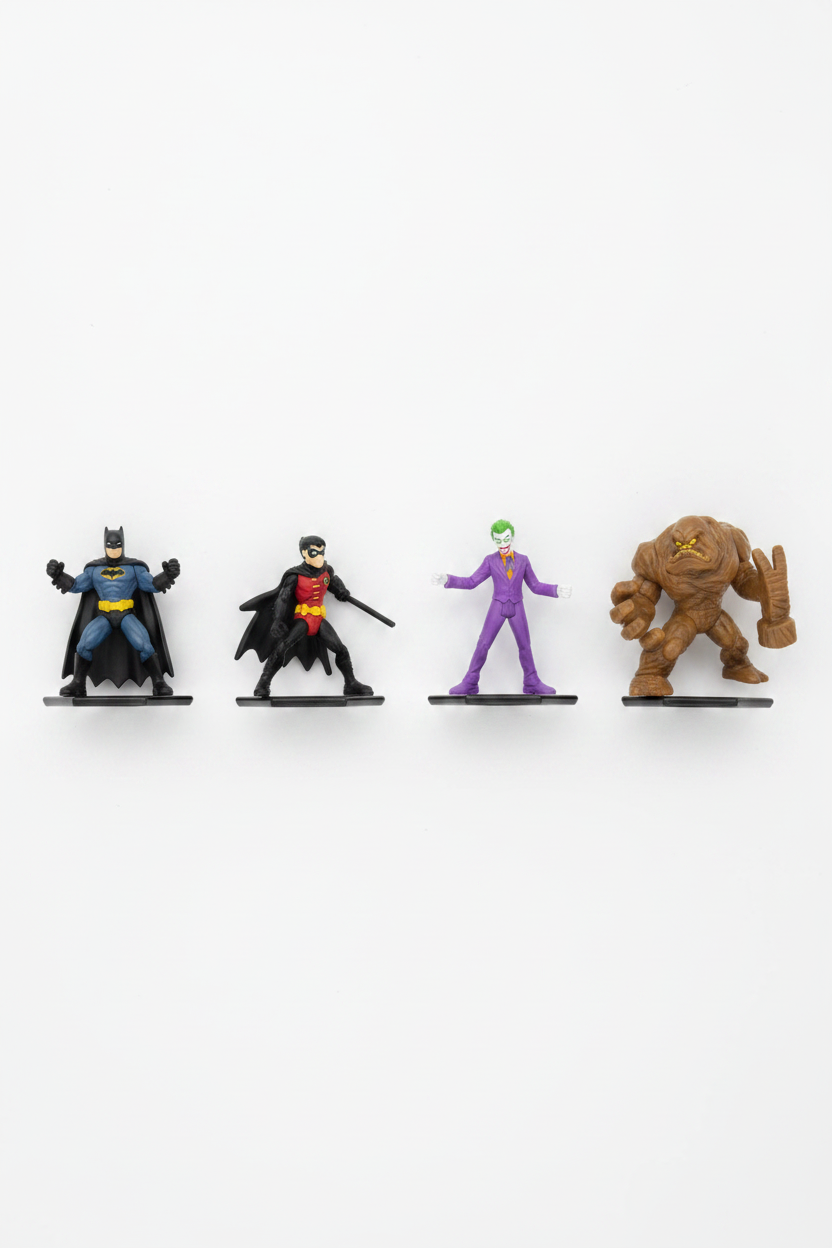 DC Comics Batman 5-pack mini figures flat lay on white background showing all five figures Batman Robin Nightwing The Joker and Clayface in heroes vs villains formation