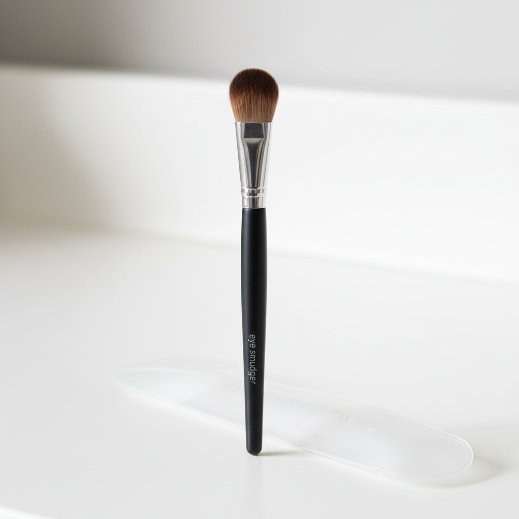 Mary Kay Eye Smudger Brush with frosted pouch on a clean neutral vanity surface
