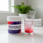 AdvoCare Rehydrate Fruit Punch tub on kitchen counter with electrolyte drink being mixed – More4less Outlet