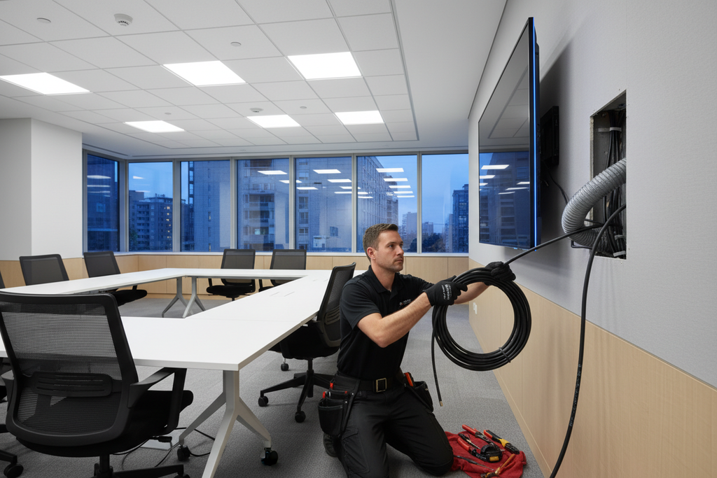 AV technician installing in-wall HDMI cable through wall conduit behind wall-mounted 4K display in conference room