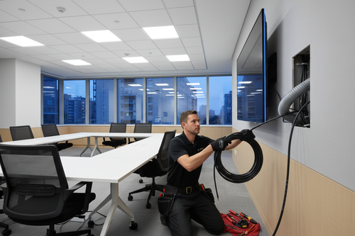 AV technician installing in-wall HDMI cable through wall conduit behind wall-mounted 4K display in conference room